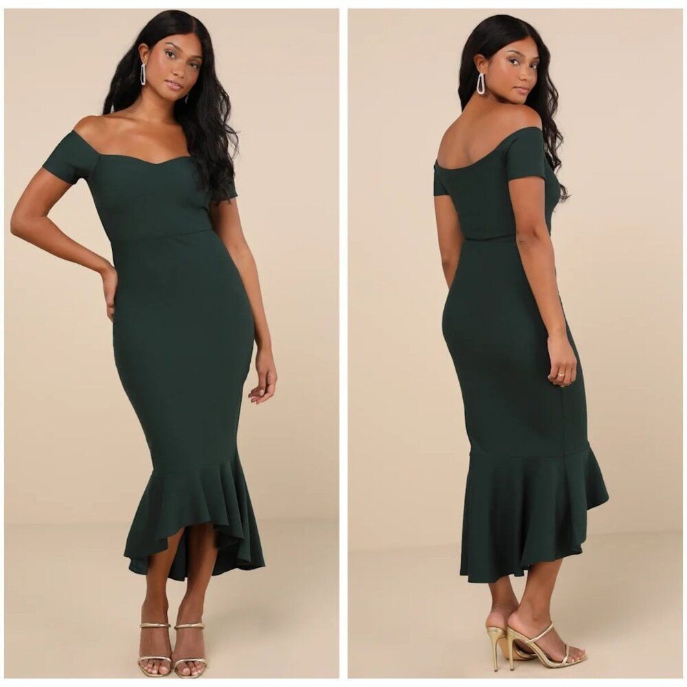 NEW Lulus - M How Much I Care Midnight Dark Green Off The Shoulder Midi Dress